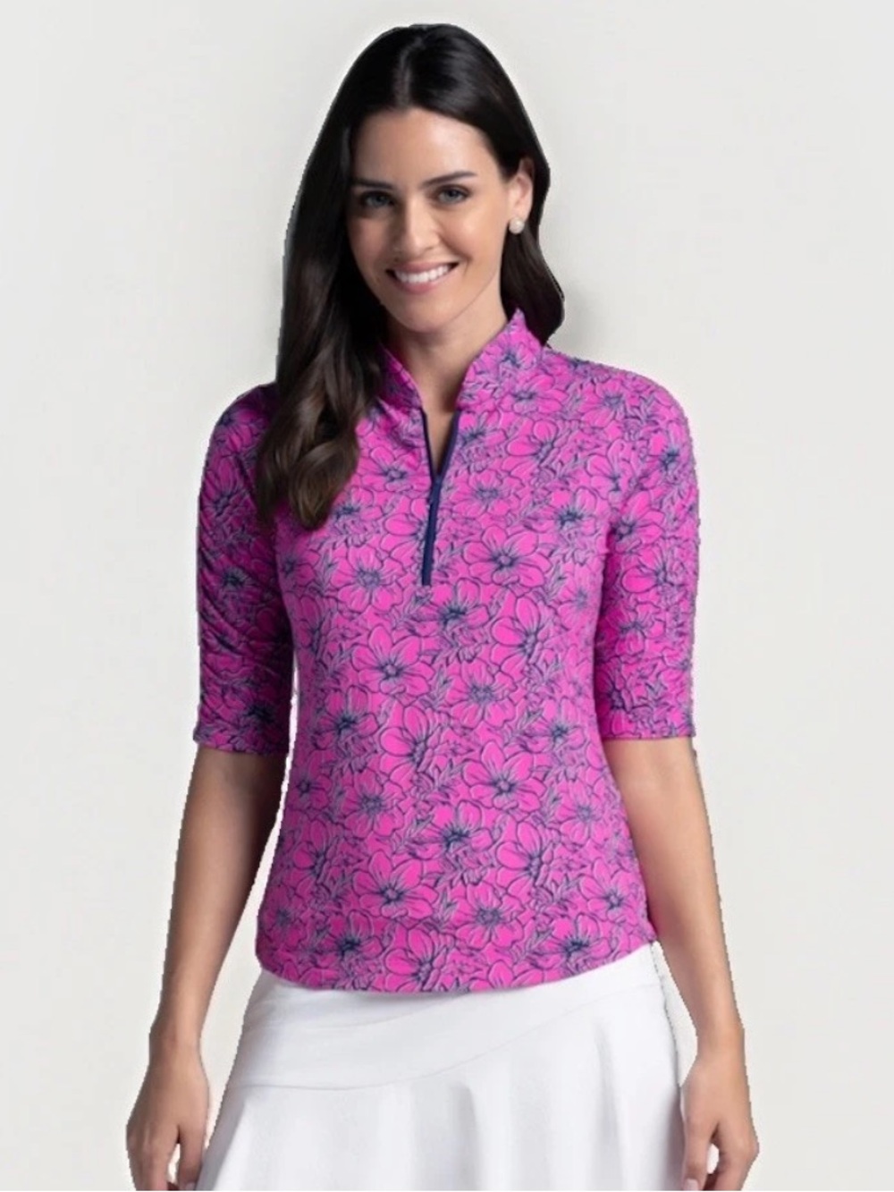 IBKUL Diana Floral Ruched Elbow Sleeve Top Womens M Active Sun Protection UPF 50